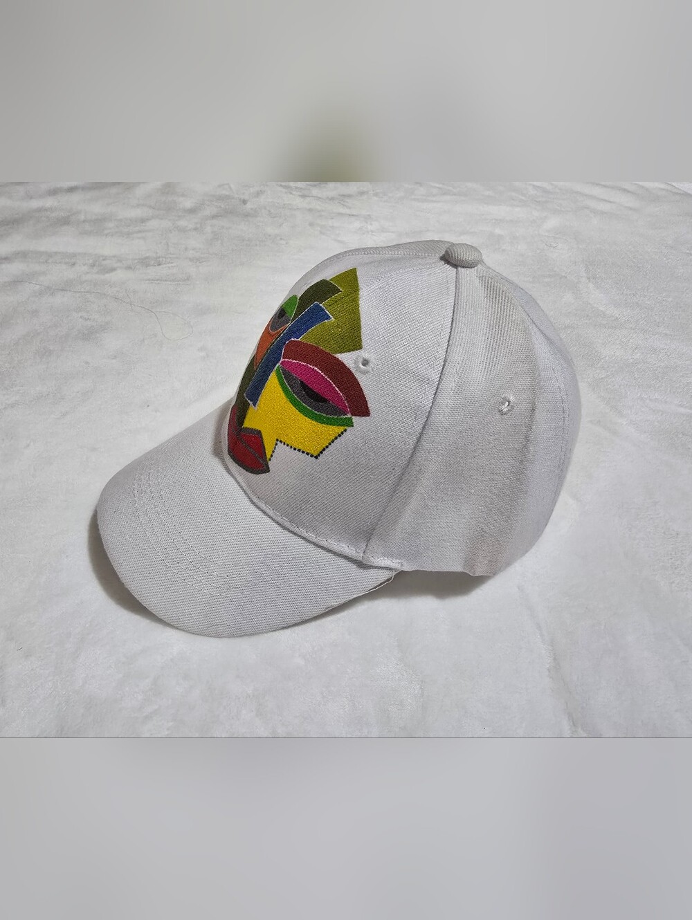 White Baseball Cap with Colorful Abstract Face Embroidery, Hand Painted. Unisex.